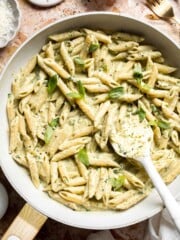 Easy creamy pesto pasta with basil pesto, Parmesan, and garlic. Quick, flavorful weeknight pasta dinner ready in just 20 minutes. | aheadofthyme.com