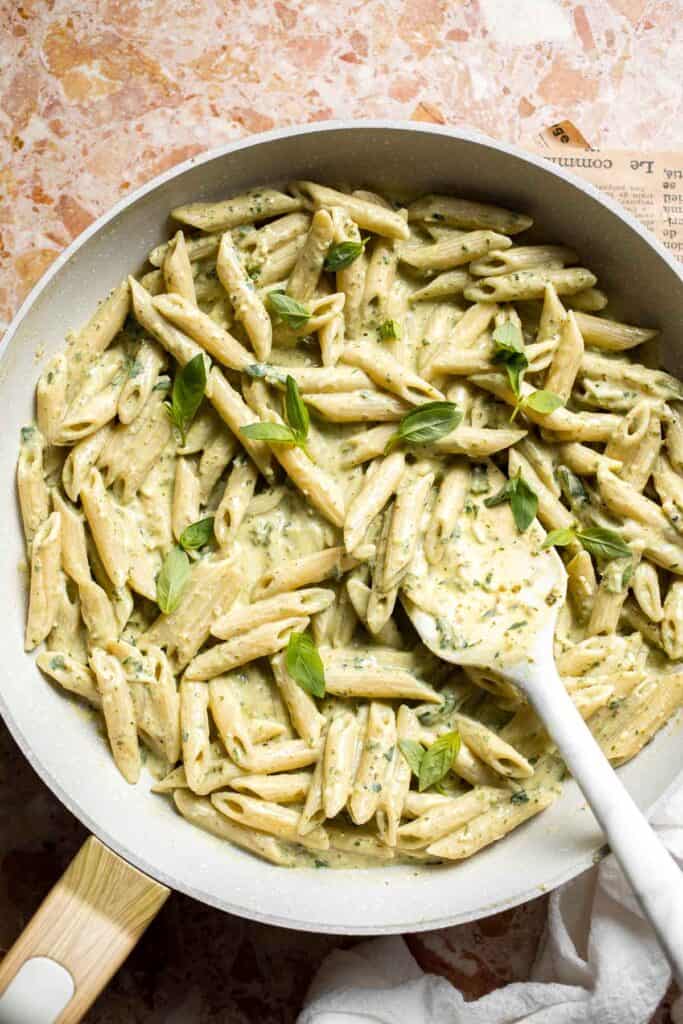 Easy creamy pesto pasta with basil pesto, Parmesan, and garlic. Quick, flavorful weeknight pasta dinner ready in just 20 minutes. | aheadofthyme.com