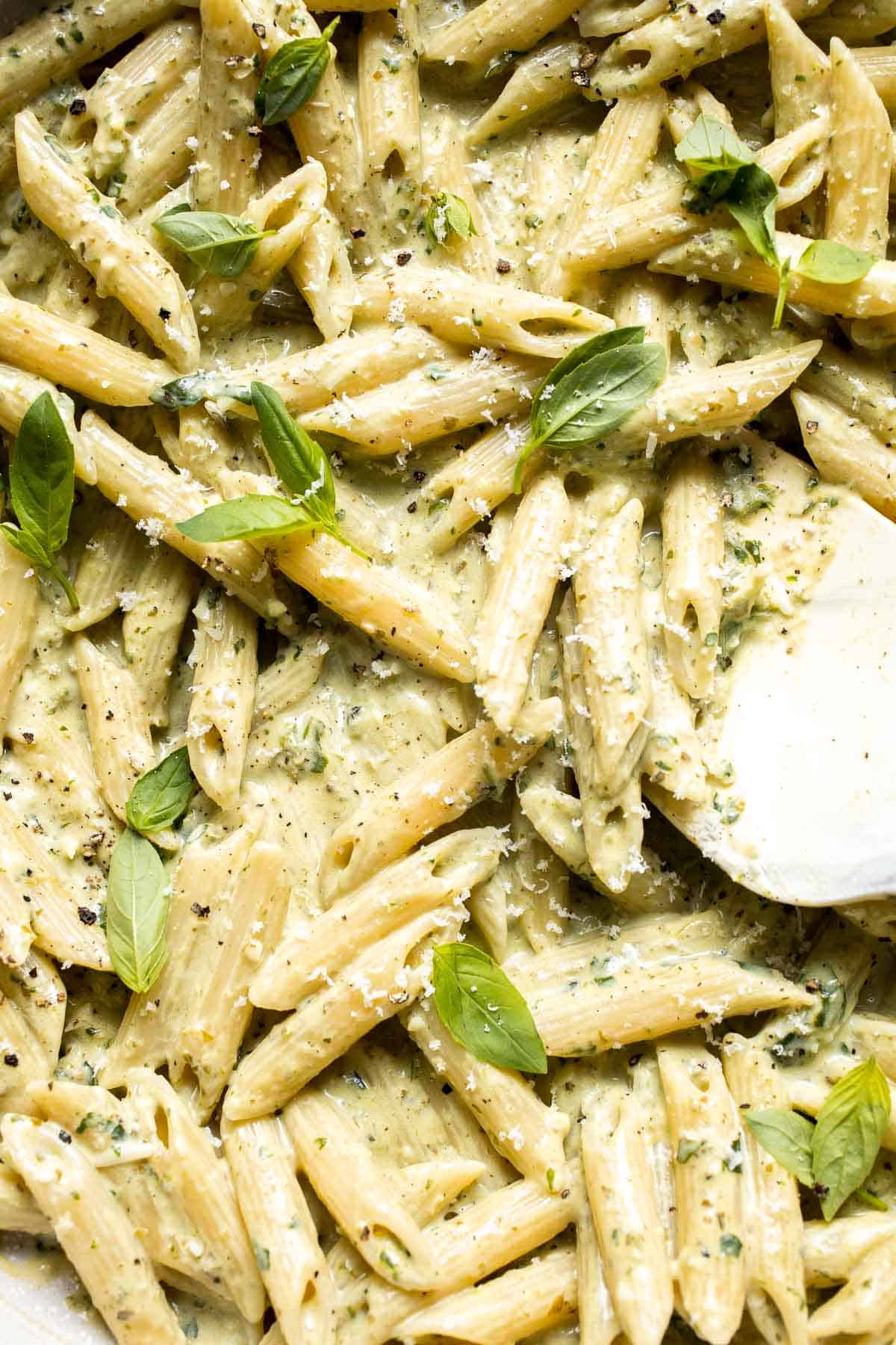 Easy creamy pesto pasta with basil pesto, Parmesan, and garlic. Quick, flavorful weeknight pasta dinner ready in just 20 minutes. | aheadofthyme.com