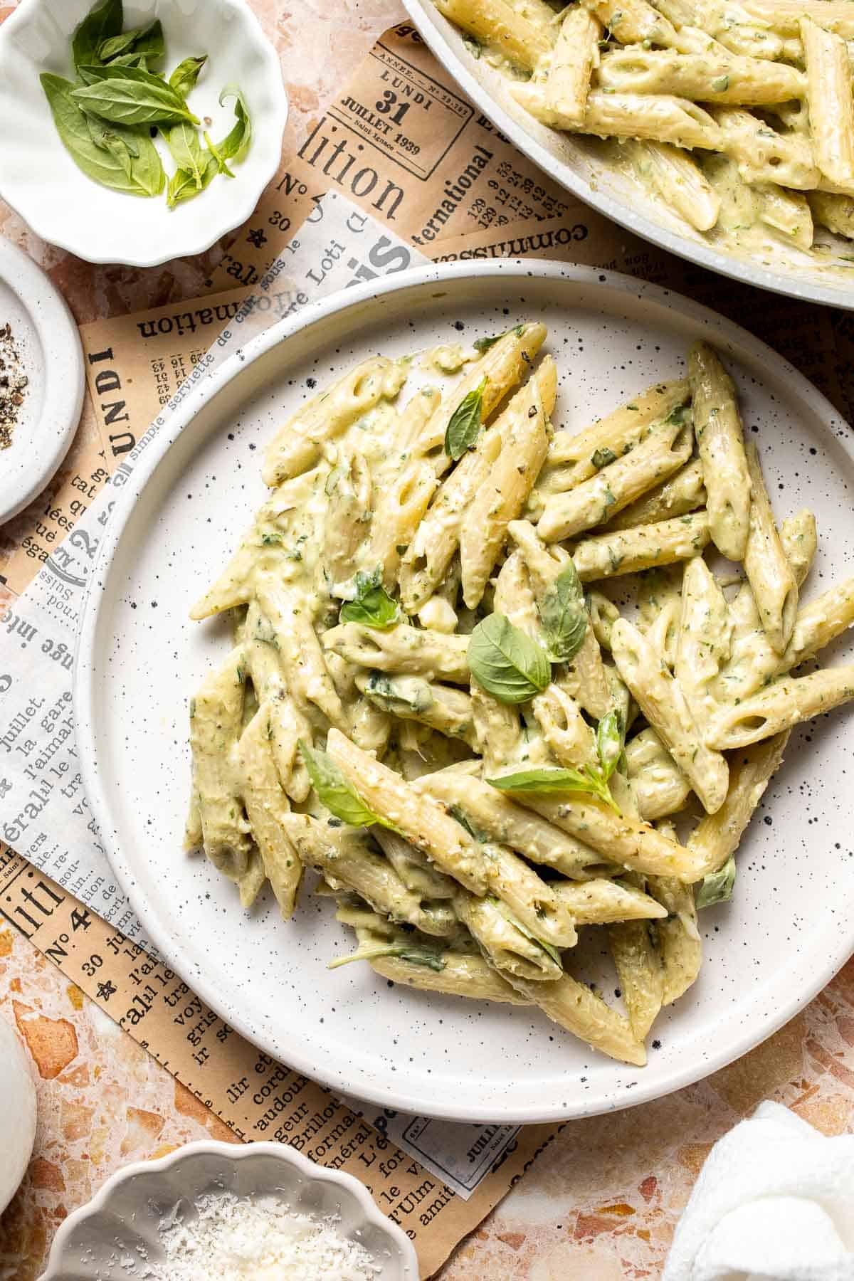 Easy creamy pesto pasta with basil pesto, Parmesan, and garlic. Quick, flavorful weeknight pasta dinner ready in just 20 minutes. | aheadofthyme.com