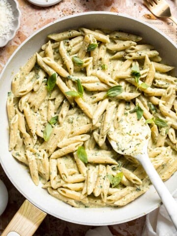 Easy creamy pesto pasta with basil pesto, Parmesan, and garlic. Quick, flavorful weeknight pasta dinner ready in just 20 minutes. | aheadofthyme.com