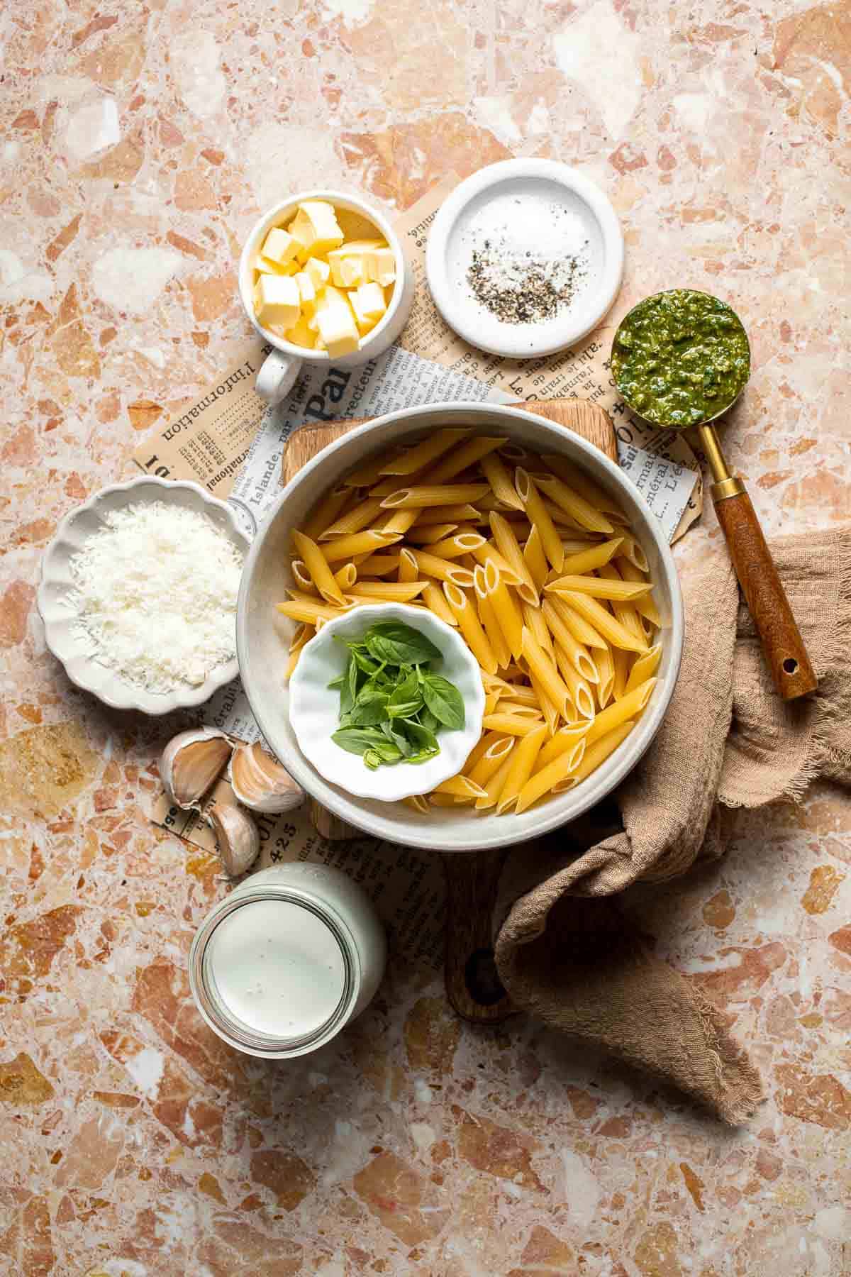 Easy creamy pesto pasta with basil pesto, Parmesan, and garlic. Quick, flavorful weeknight pasta dinner ready in just 20 minutes. | aheadofthyme.com