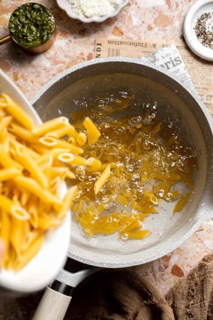 Easy creamy pesto pasta with basil pesto, Parmesan, and garlic. Quick, flavorful weeknight pasta dinner ready in just 20 minutes. | aheadofthyme.com