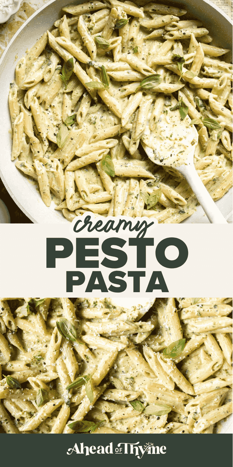 Easy creamy pesto pasta with basil pesto, Parmesan, and garlic. Quick, flavorful weeknight pasta dinner ready in just 20 minutes. | aheadofthyme.com