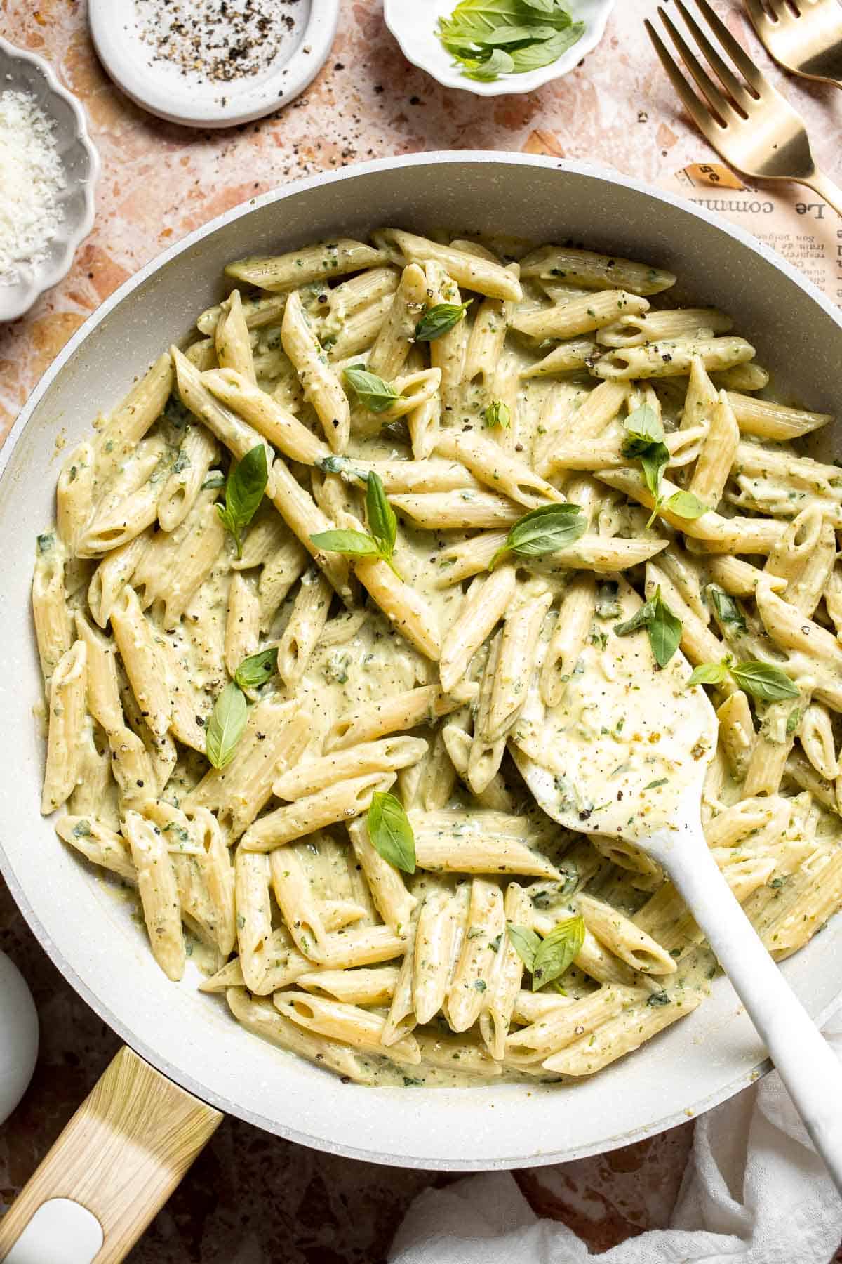 Easy creamy pesto pasta with basil pesto, Parmesan, and garlic. Quick, flavorful weeknight pasta dinner ready in just 20 minutes. | aheadofthyme.com