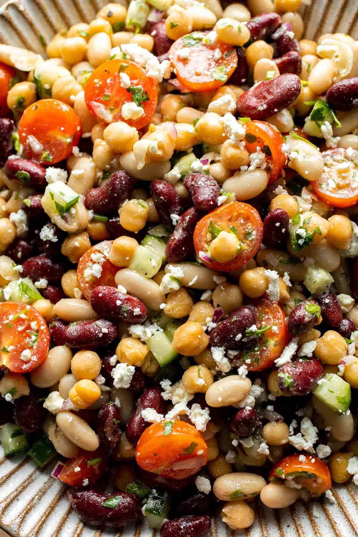 Mediterranean dense bean salad packed with chickpeas, vegetables, feta, and lemon dressing. Healthy meal prep salad full of fresh flavor. | aheadofthyme.com