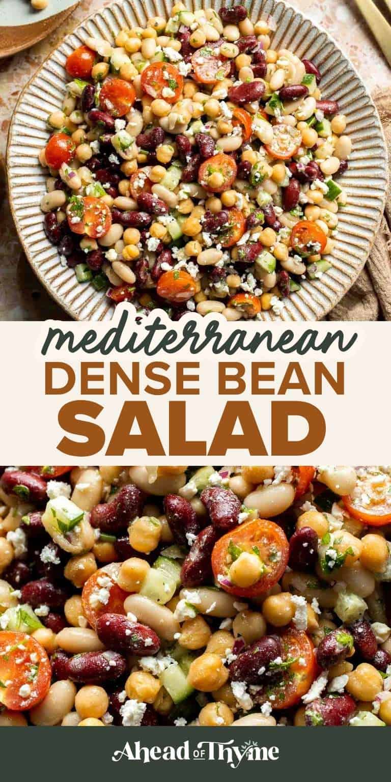 Mediterranean dense bean salad packed with chickpeas, vegetables, feta, and lemon dressing. Healthy meal prep salad full of fresh flavor. | aheadofthyme.com