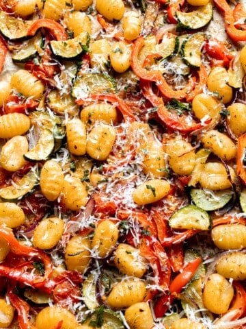Easy sheet pan gnocchi and vegetables roasted until golden and crispy. A simple one-pan vegetarian dinner ready in 30 minutes. | aheadofthyme.com