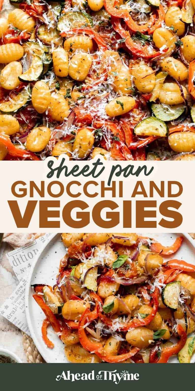 Easy sheet pan gnocchi and vegetables roasted until golden and crispy. A simple one-pan vegetarian dinner ready in 30 minutes. | aheadofthyme.com