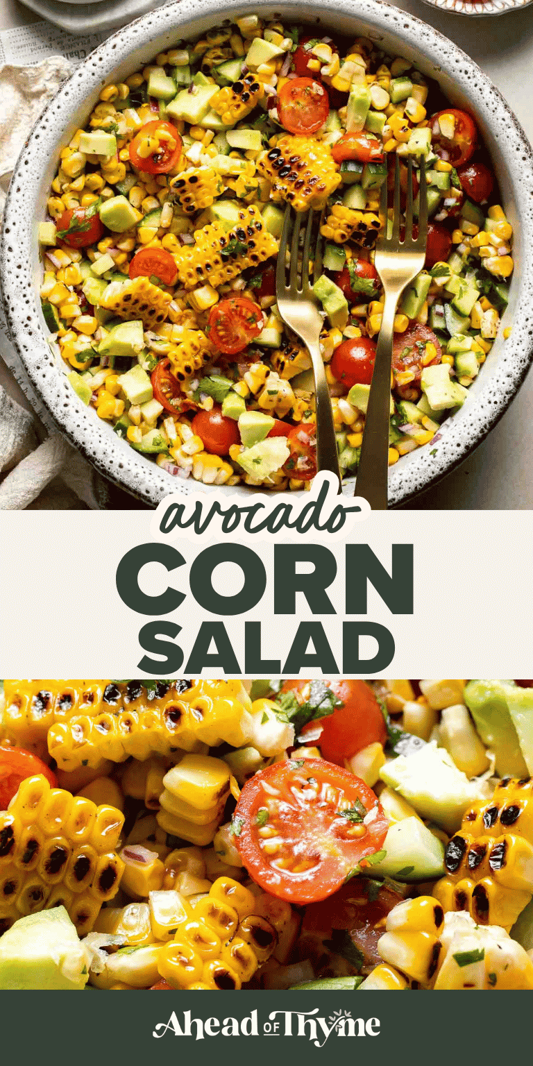 Avocado Corn Salad with sweet corn, avocado, tomatoes, cucumber, cilantro, and fresh lime dressing. Easy summer side dish.
