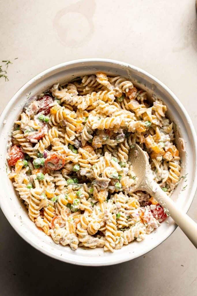 Bacon ranch pasta salad tossed with creamy homemade ranch dressing.