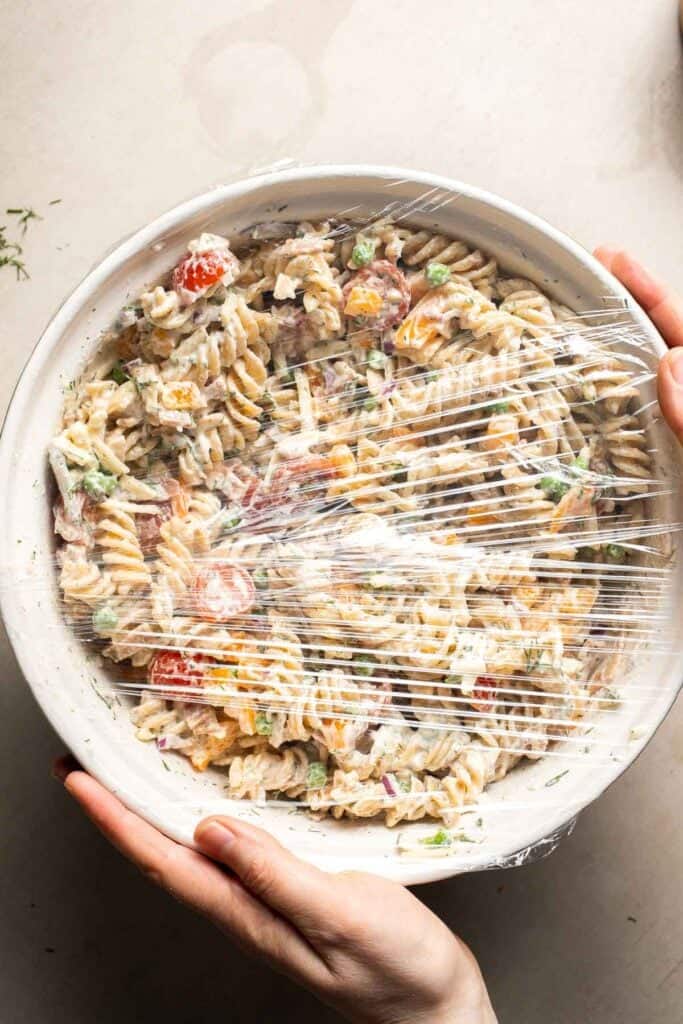 Bacon ranch pasta salad covered and refrigerated before serving.