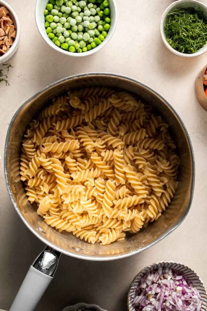 Rotini pasta cooked al dente and drained.
