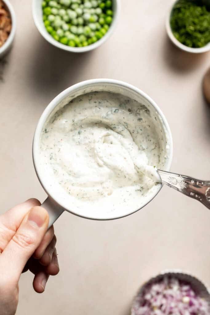 Prepared ranch dressing for pasta salad.