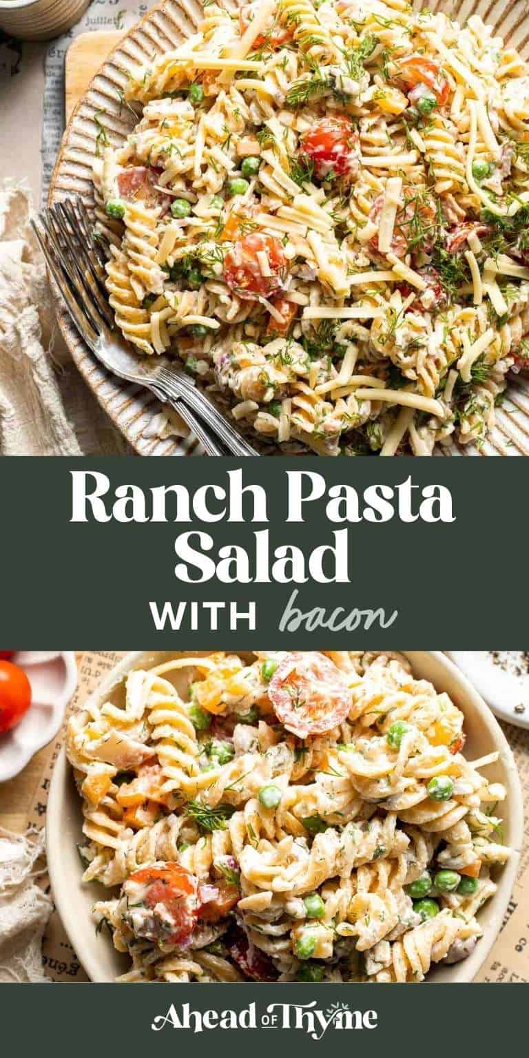 Bacon Ranch Pasta Salad loaded with bacon, cheddar cheese, vegetables, and creamy ranch dressing. Easy make-ahead side dish for barbecues, picnics, and potlucks.
