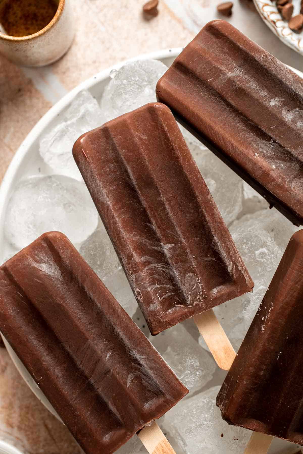 Homemade fudgesicles with rich chocolate flavor and a smooth, creamy texture.