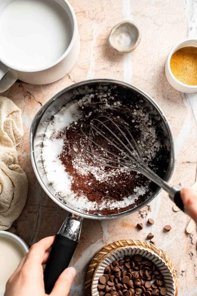 Dry ingredients whisked together for homemade fudgesicles.