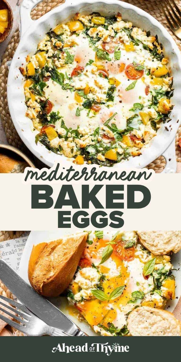 Mediterranean Baked Eggs with Feta and Tomatoes, an easy healthy breakfast recipe with spinach, peppers, and creamy baked eggs.
