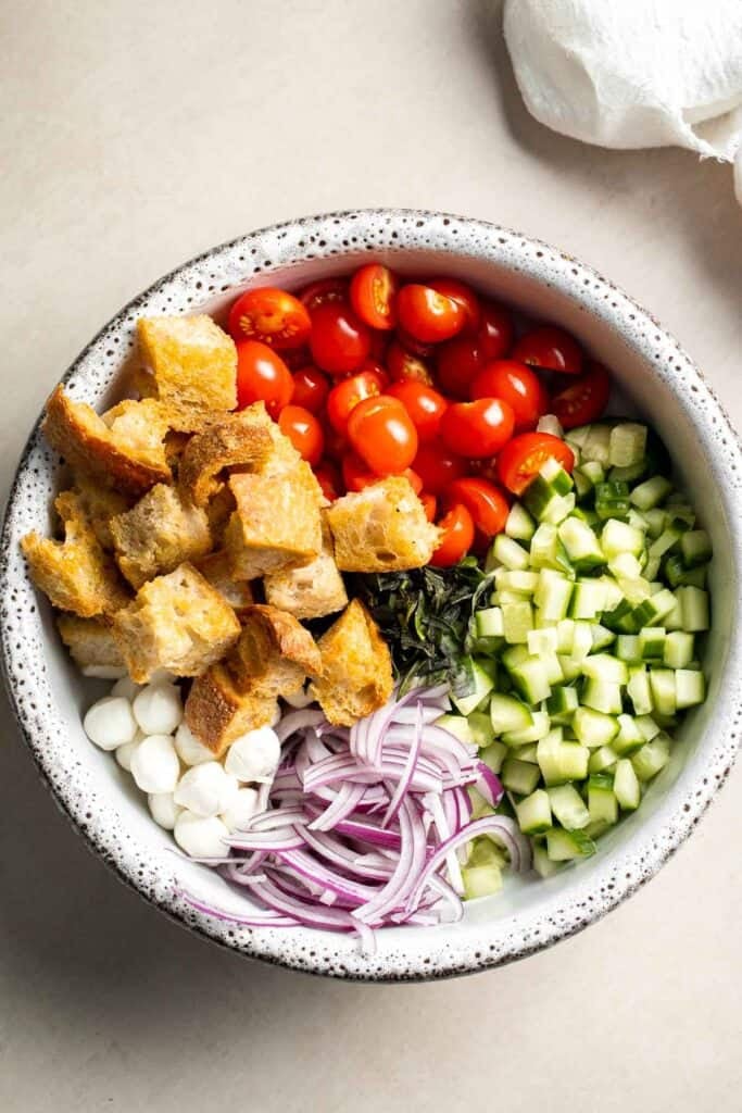 Panzanella salad ingredients with toasted bread, tomatoes, cucumber, mozzarella, and red onion