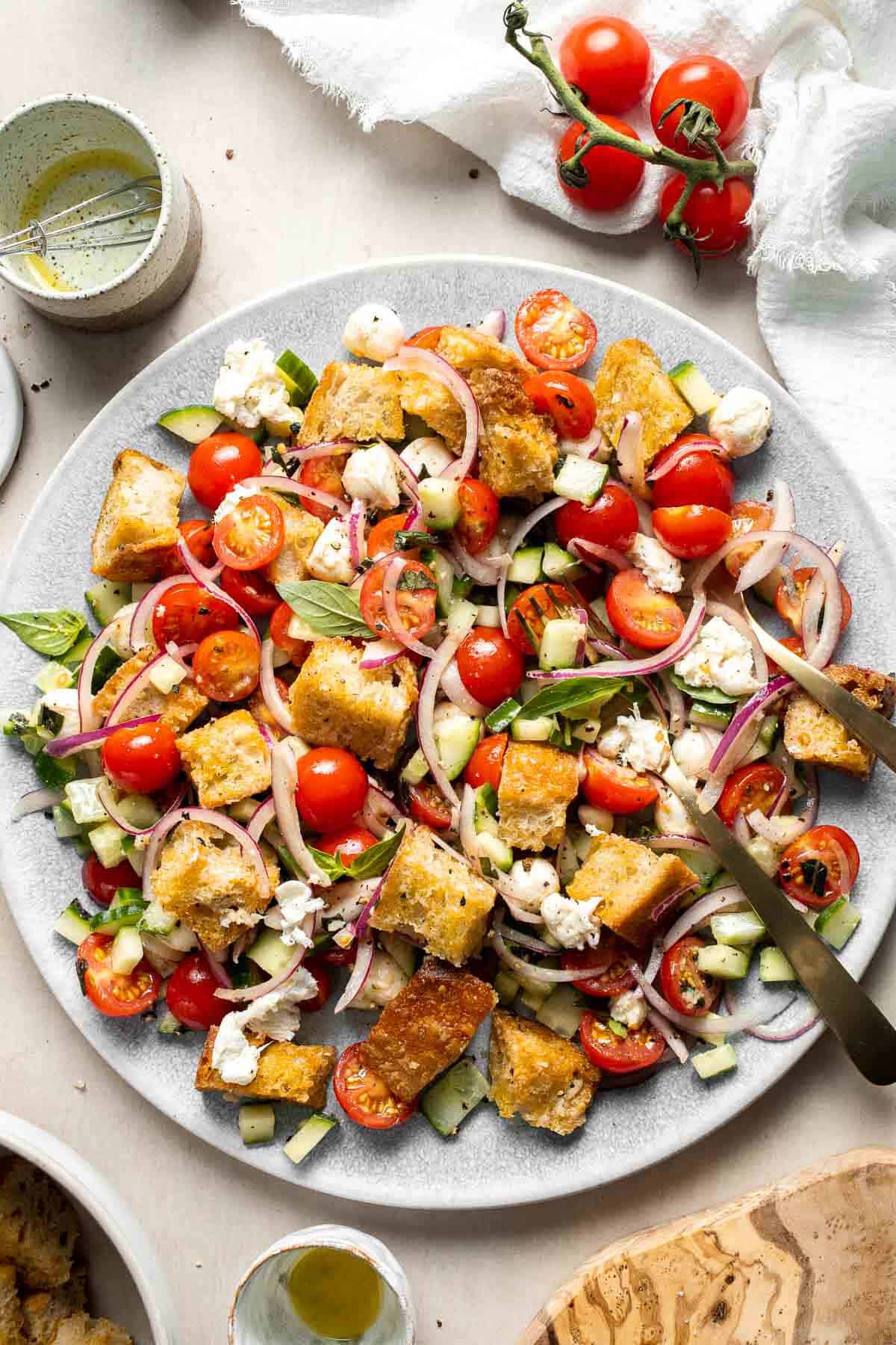 Panzanella salad with toasted bread, tomatoes, cucumber, mozzarella, red onion, and basil