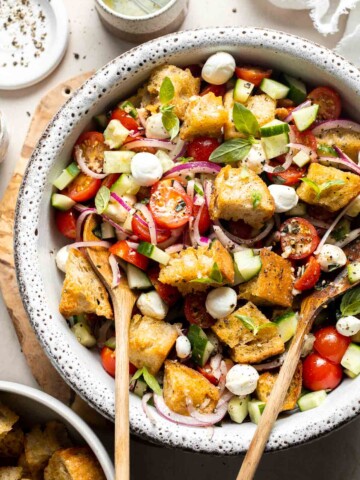 Panzanella salad (Italian bread salad) with toasted bread, tomatoes, cucumber, mozzarella, and basil