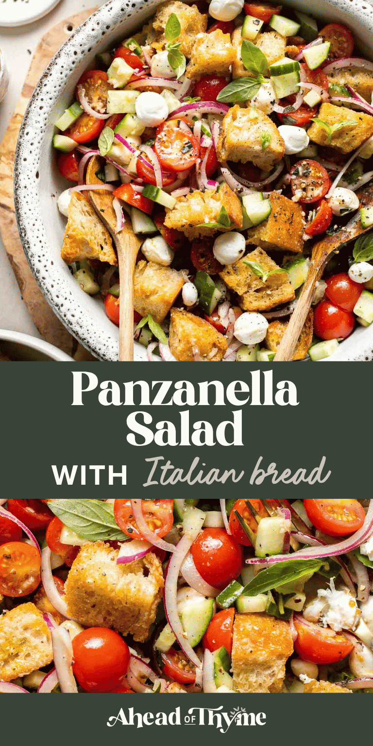 Easy Panzanella Salad (Italian Bread Salad) made with toasted bread, tomatoes, cucumber, mozzarella, and basil