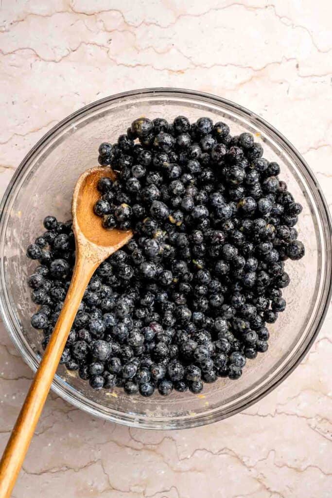 Fresh blueberries tossed with sugar, lemon, and cornstarch for the pie filling.