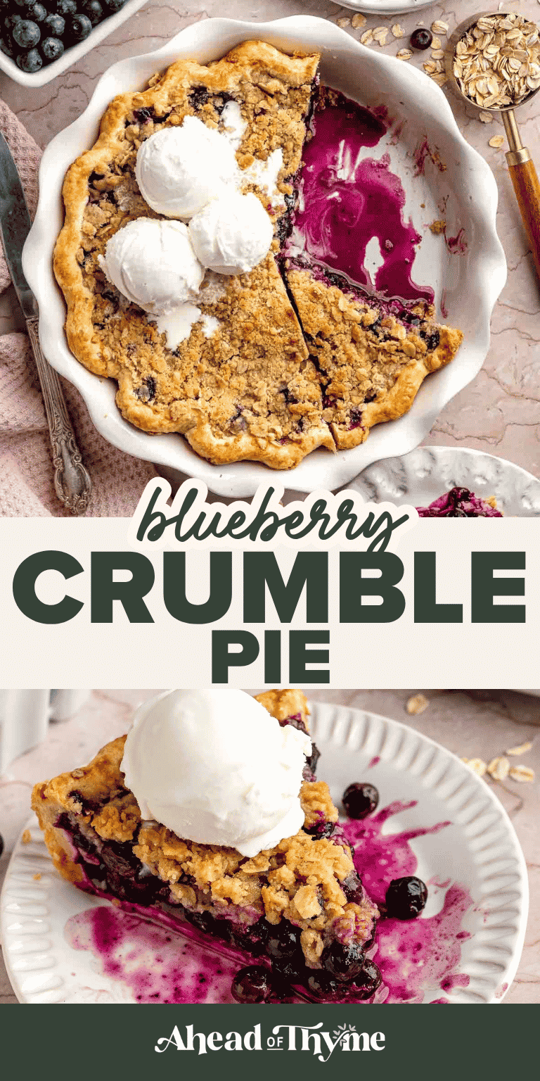 Blueberry Crumble Pie made with juicy fresh blueberries, a flaky pie crust, and a buttery oat crumble topping. The perfect summer dessert served warm with vanilla ice cream.