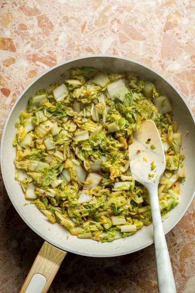 Chinese Cabbage Stir Fry cooked until crisp tender in a skillet.