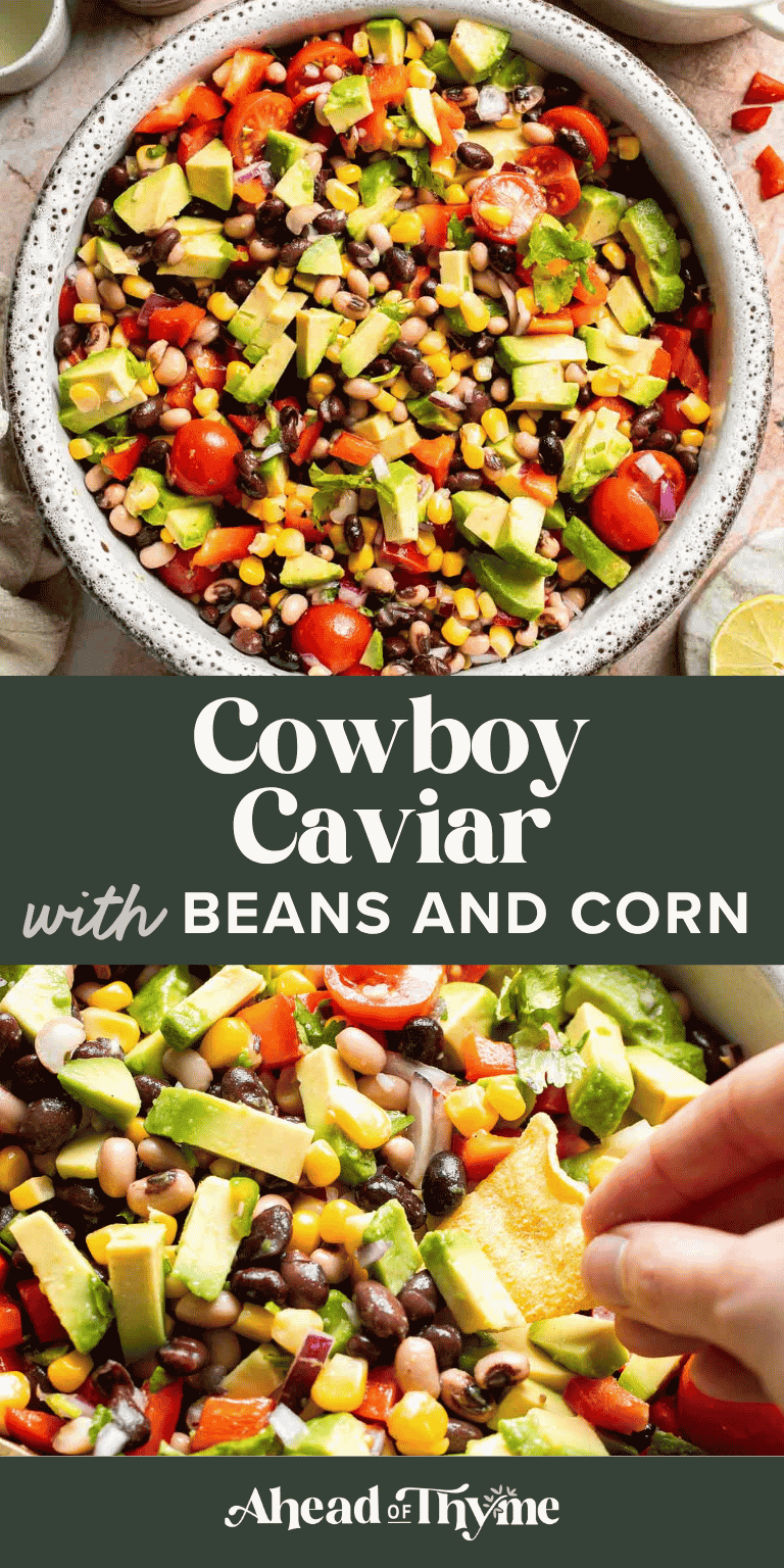 Easy Cowboy Caviar recipe made with black beans, corn, avocado, fresh vegetables, and a homemade lime dressing. Perfect as a dip or side dish.