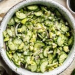 Cucumber Feta Salad with avocado, red onion, fresh dill, and lemon vinaigrette.