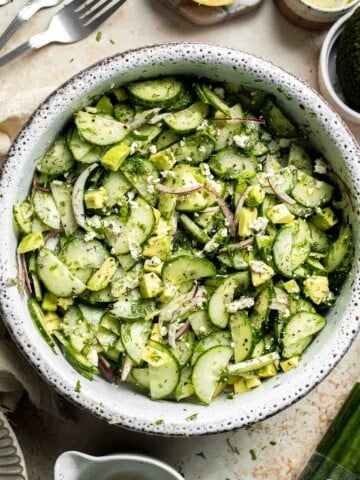 Cucumber Feta Salad with avocado, red onion, fresh dill, and lemon vinaigrette.
