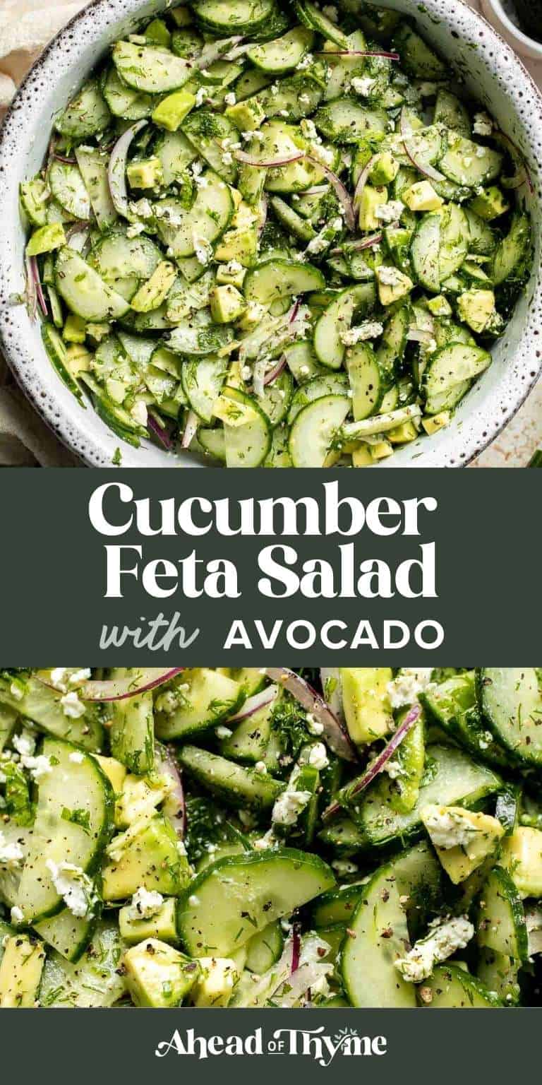 Cucumber Feta Salad made with crisp cucumbers, creamy avocado, feta cheese, fresh herbs, and a simple lemon vinaigrette for an easy summer side dish.