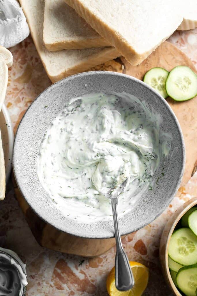 Creamy dill and chive cream cheese spread for cucumber sandwiches.