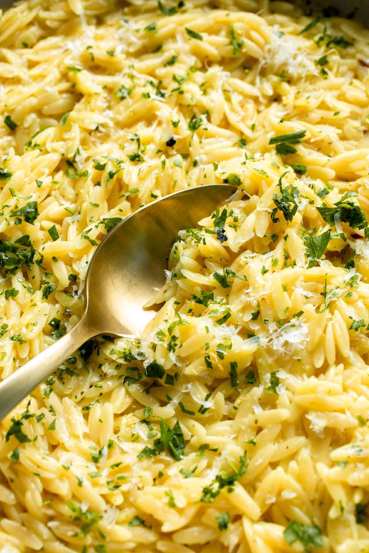 Close-up of creamy Lemon Orzo with Parmesan cheese, lemon, and fresh parsley.