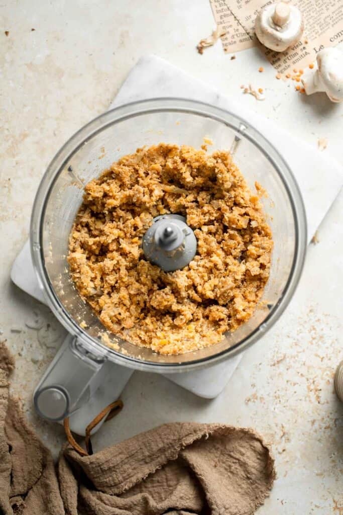 Red lentil patty mixture pulsed in a food processor until combined and slightly textured.