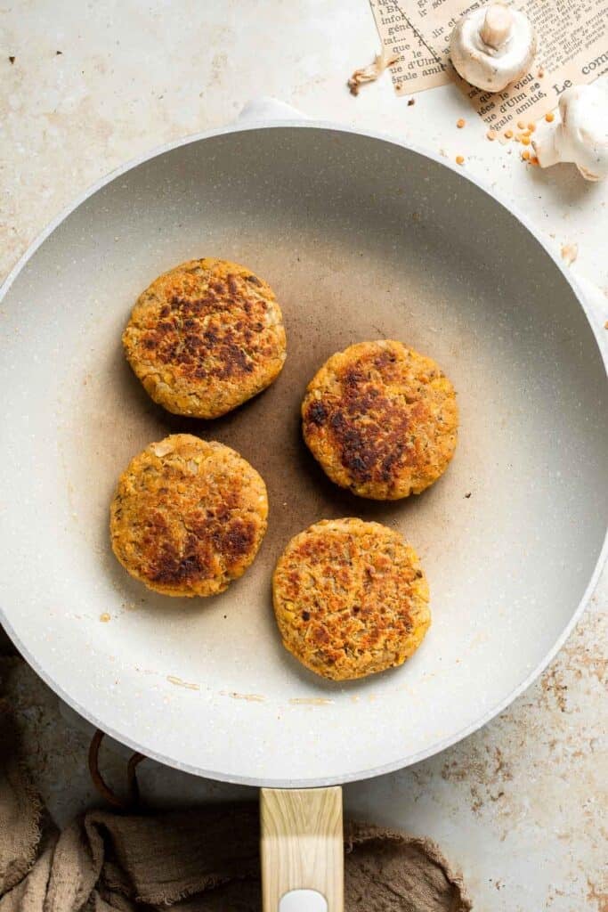 Crispy lentil patties pan fried until golden brown on both sides.