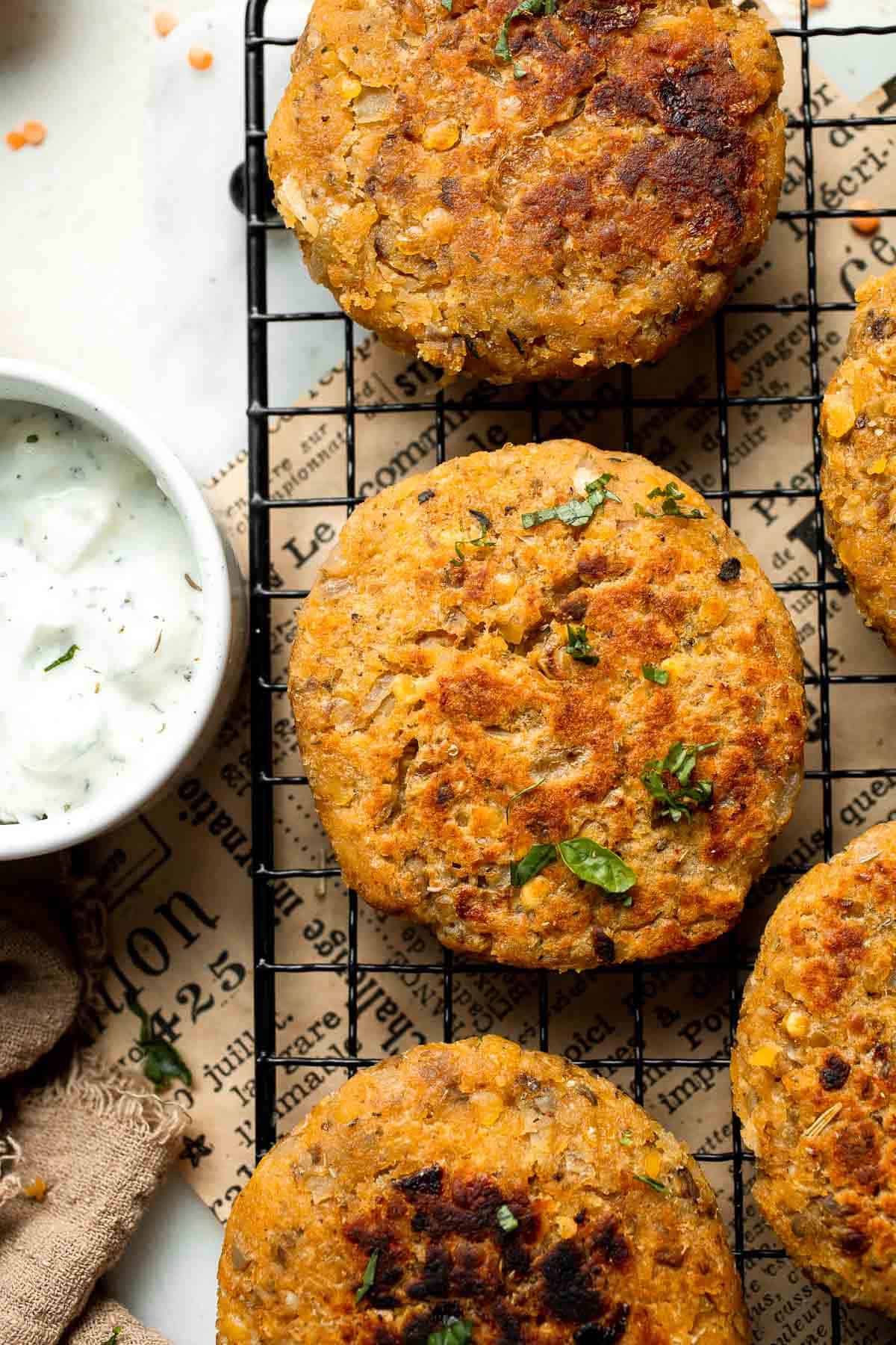 Crispy lentil patties made with red lentils and mushrooms served with creamy tzatziki sauce.