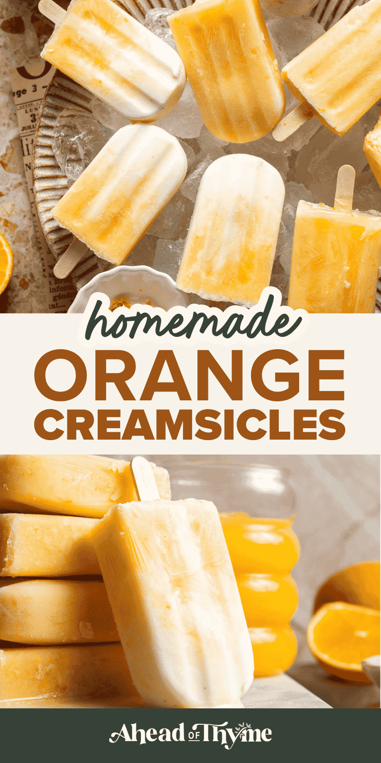 Orange Creamsicles made with orange juice, Greek yogurt, and a creamy vanilla layer for an easy homemade frozen summer treat.