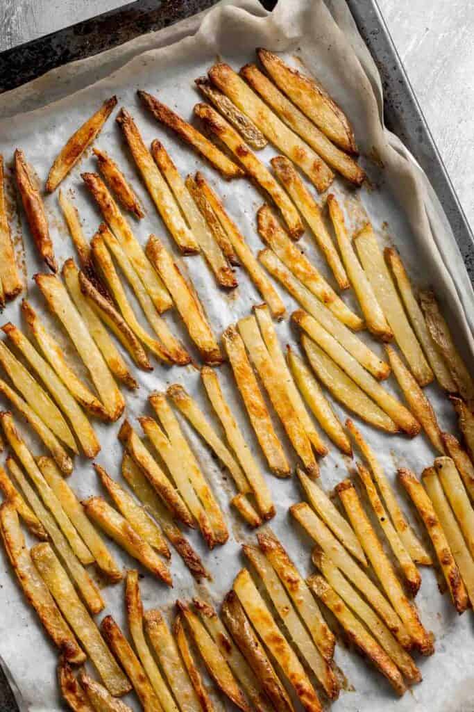 Crispy oven baked French fries fresh from the oven.
