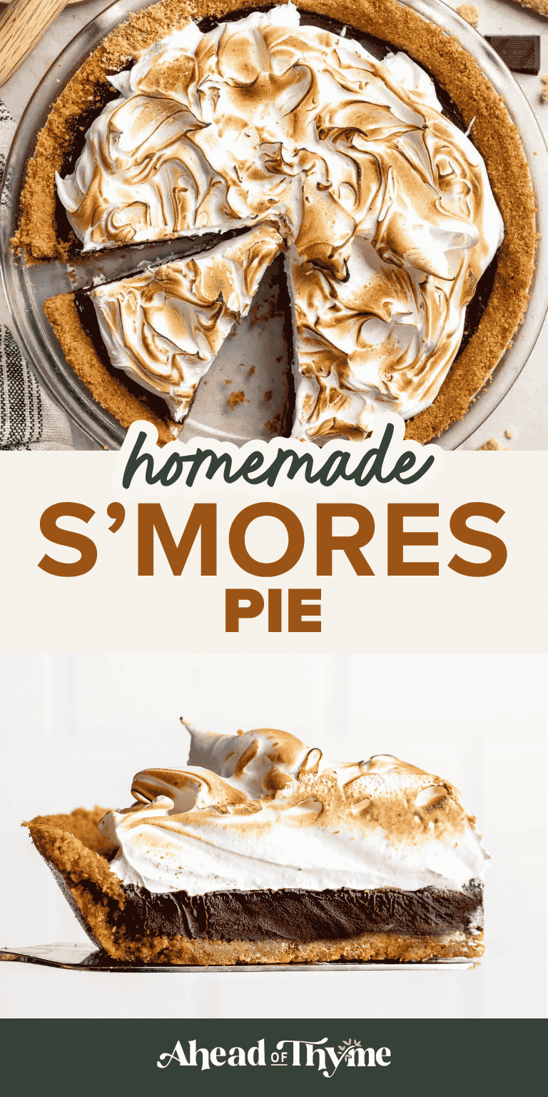 Easy S'mores Pie with a buttery graham cracker crust, rich chocolate ganache filling, and fluffy toasted marshmallow topping.