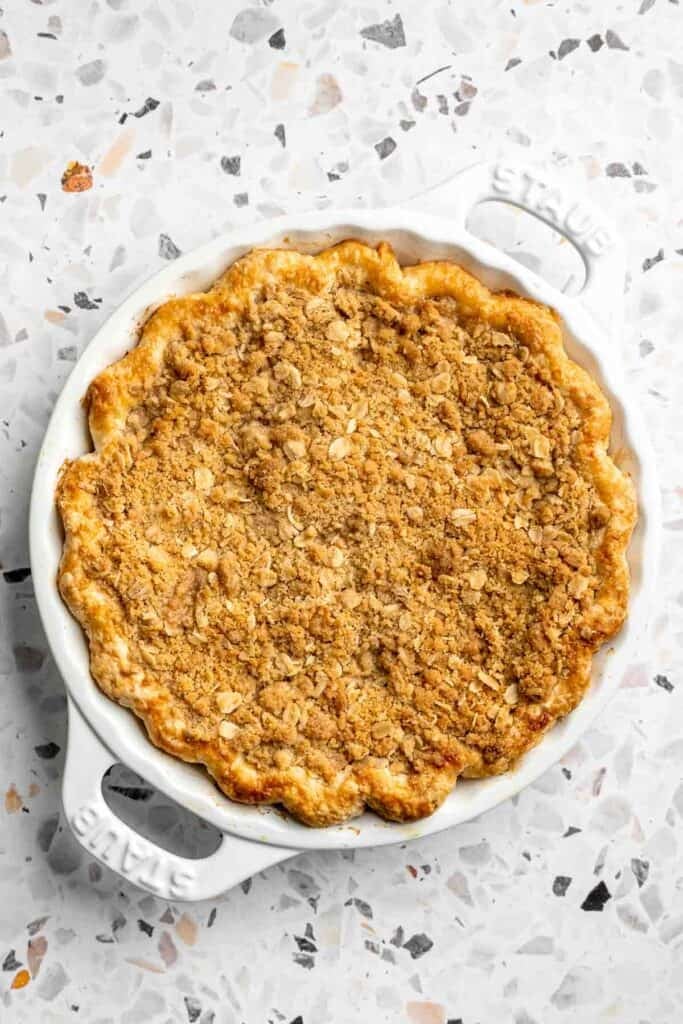 Baked apple crumble pie with a golden, crisp crumble topping