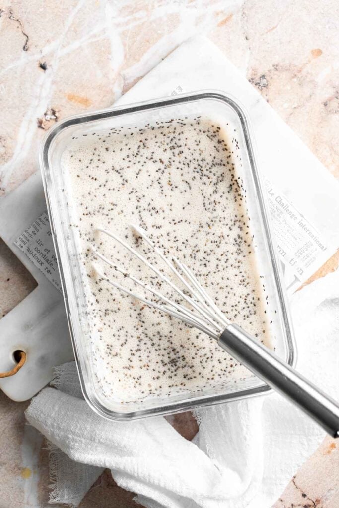 Whisked chia seed and banana mixture ready to sit for 5 minutes
