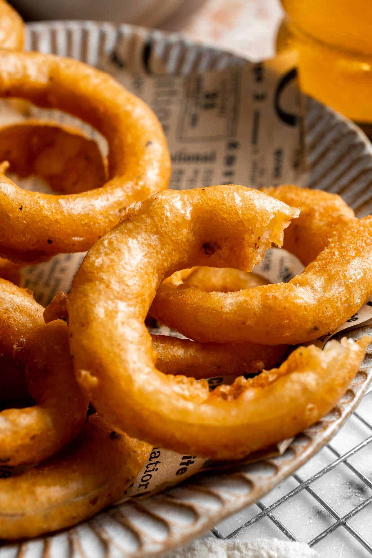 Close-up of crispy Beer Battered Onion Rings.