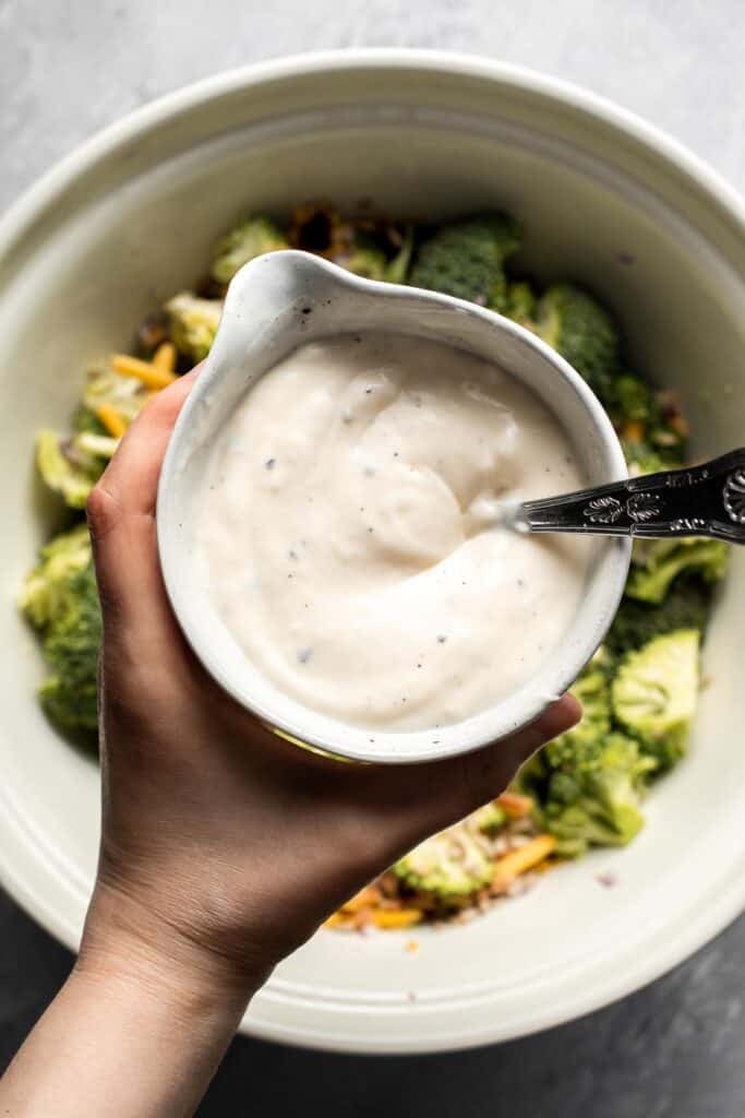 Creamy broccoli salad dressing ready to use.