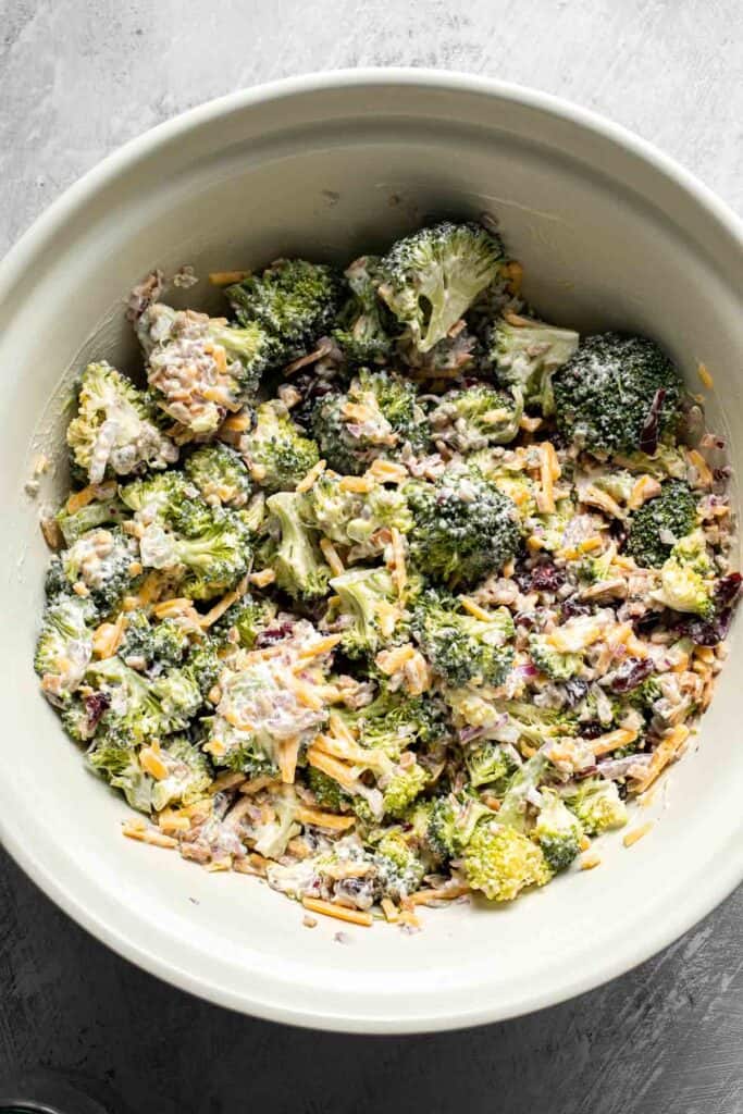 Creamy broccoli salad fully mixed and chilled.