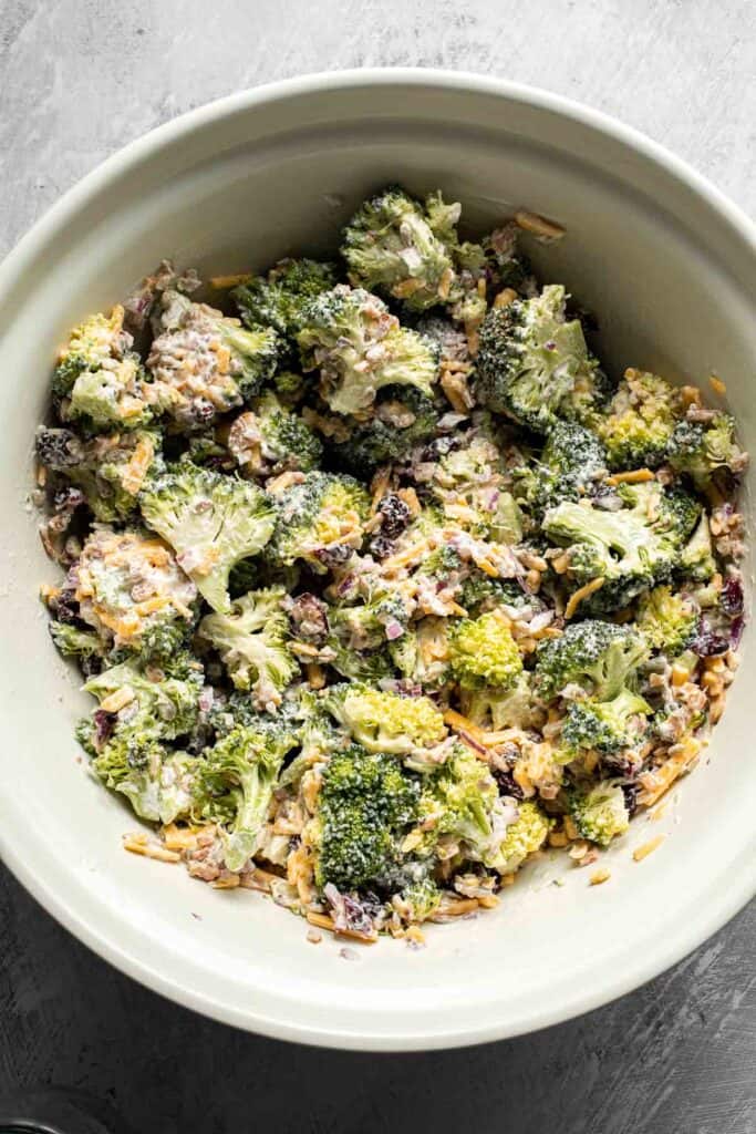 Finished Broccoli Salad in a mixing bowl.