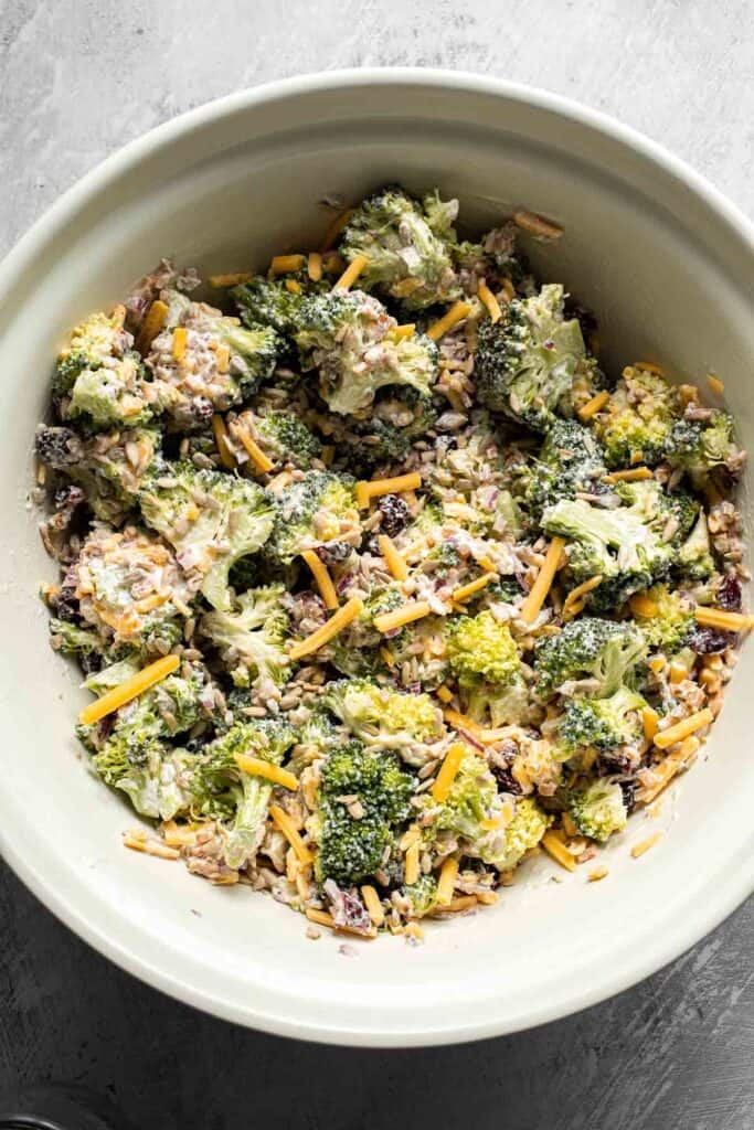 Creamy Broccoli Salad garnished and ready to serve.