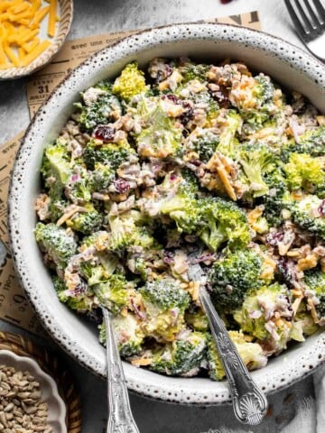 Creamy Broccoli Salad with bacon, cheddar cheese, dried cranberries, sunflower seeds, and a tangy homemade dressing.