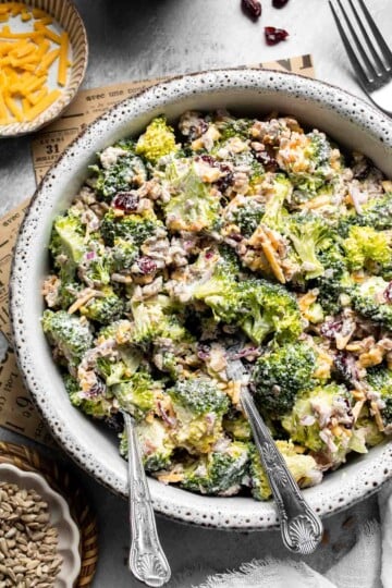 Creamy Broccoli Salad with bacon, cheddar cheese, dried cranberries, sunflower seeds, and a tangy homemade dressing.
